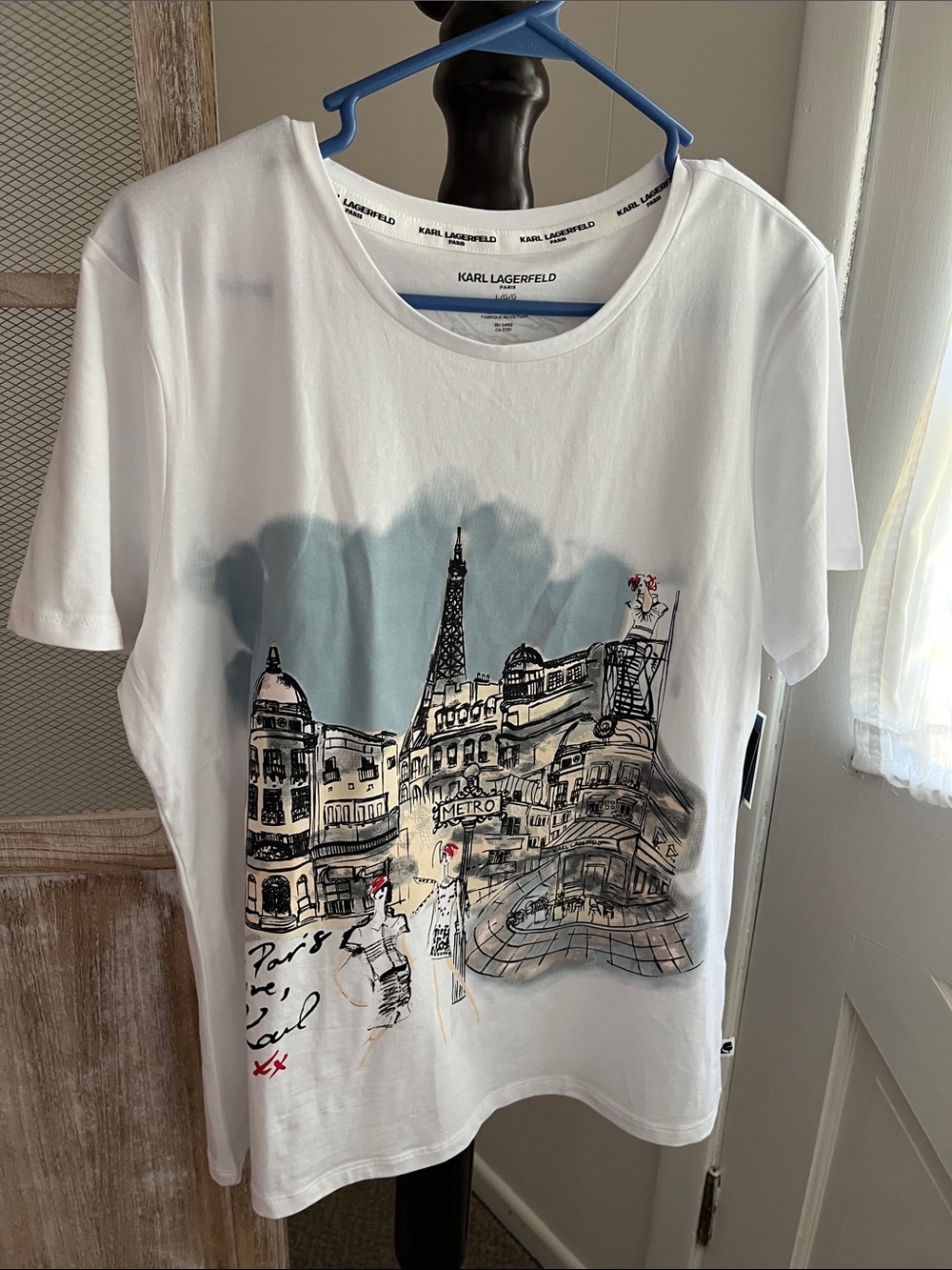 Karl Lagerfeld White Tee with Blue Wash and Black Sketch of Paris